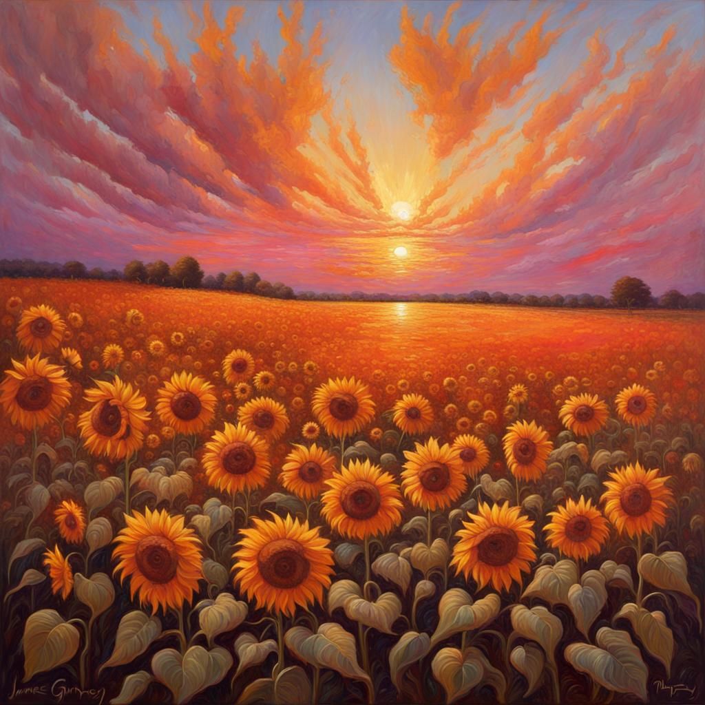 Surreal Sunflowers Exploding on a Colorful Sunset