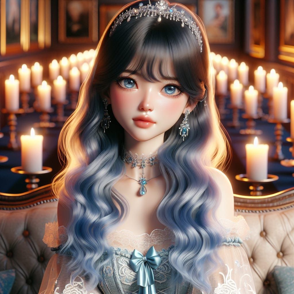 A digital 3D illustration of a young woman with large, expressive blue eyes and long, wavy ombré blue hair adorned with ...