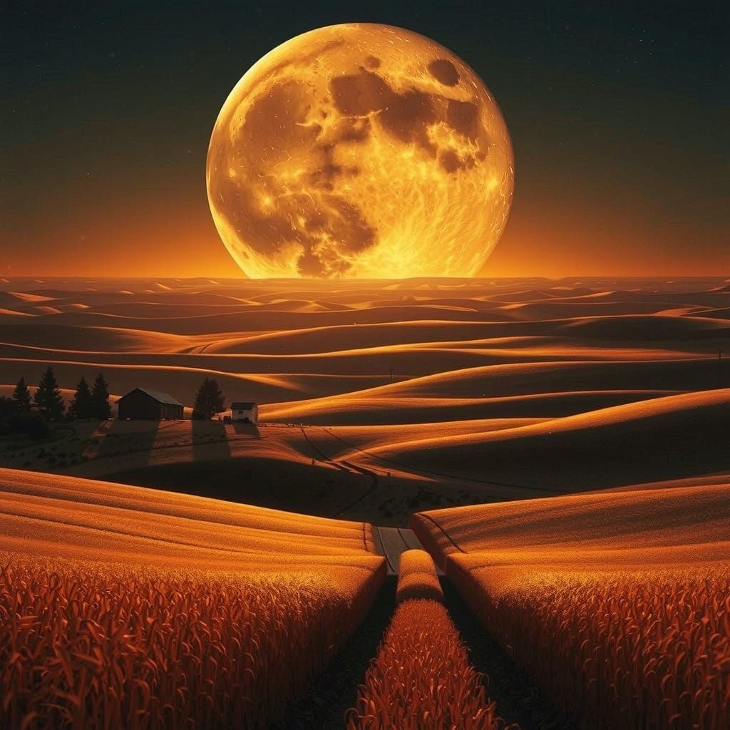 A Golden Harvest Moon Rises Over a Lush Landscape in a Water...