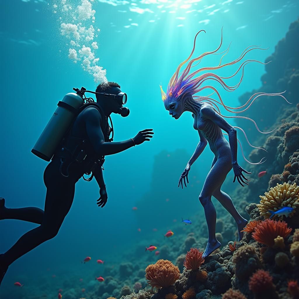 Scuba Diver Encounters Alien Mermaid in Surreal Style