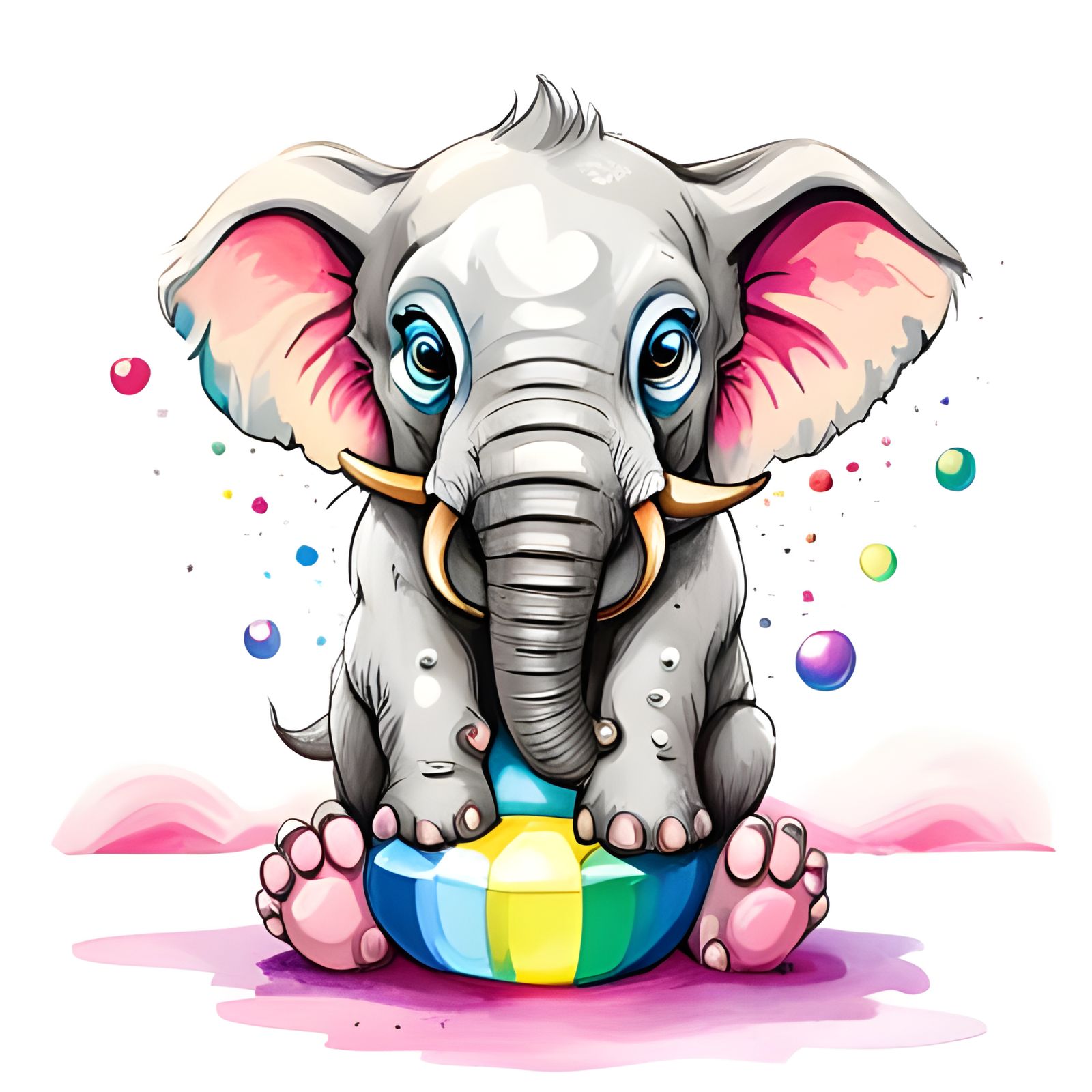 Cute Baby Elephant with Bubbles: Watercolor Graffiti Art