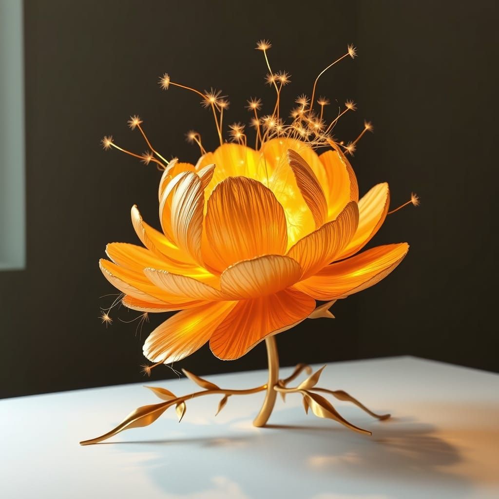 Gold Peony Sculpture with Tendrils of Light