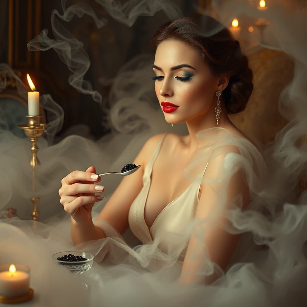 Refined Woman in Ethereal Mist, Savoring Caviar and Cigarett...