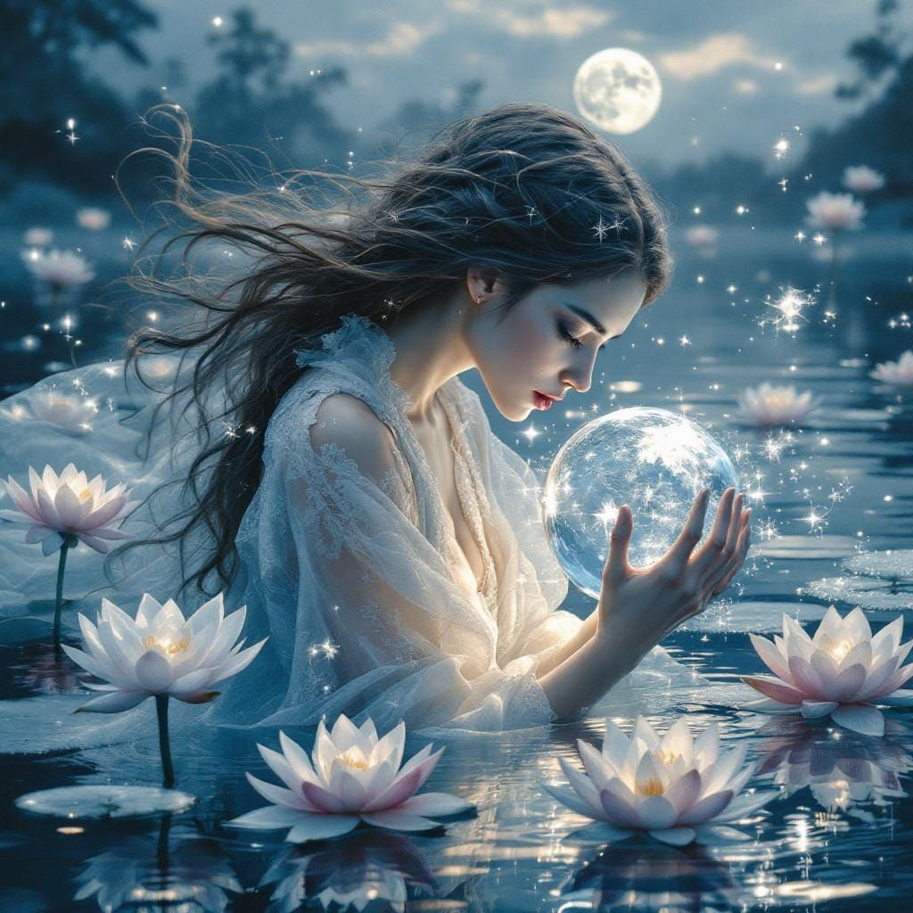Woman with Mirrored Orb Over Moonlit Lake