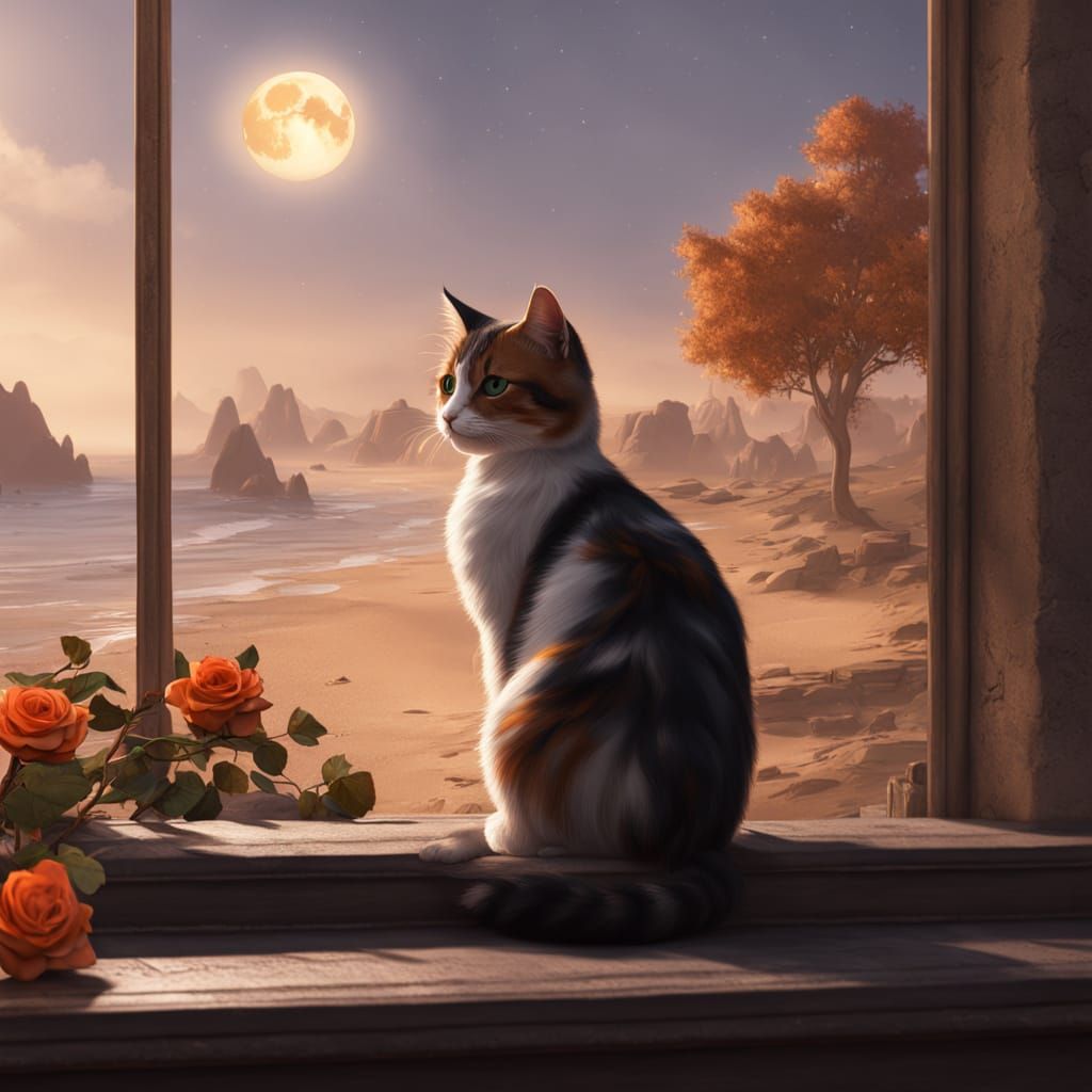 Calico Cat Beach Dreamscape in Fantasy Style