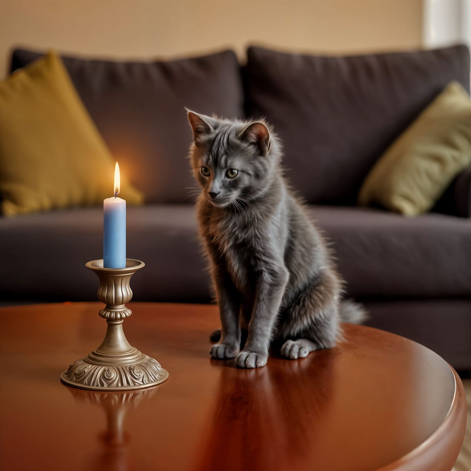 Cat Intrigued by Candle Flame on Coffee Table
