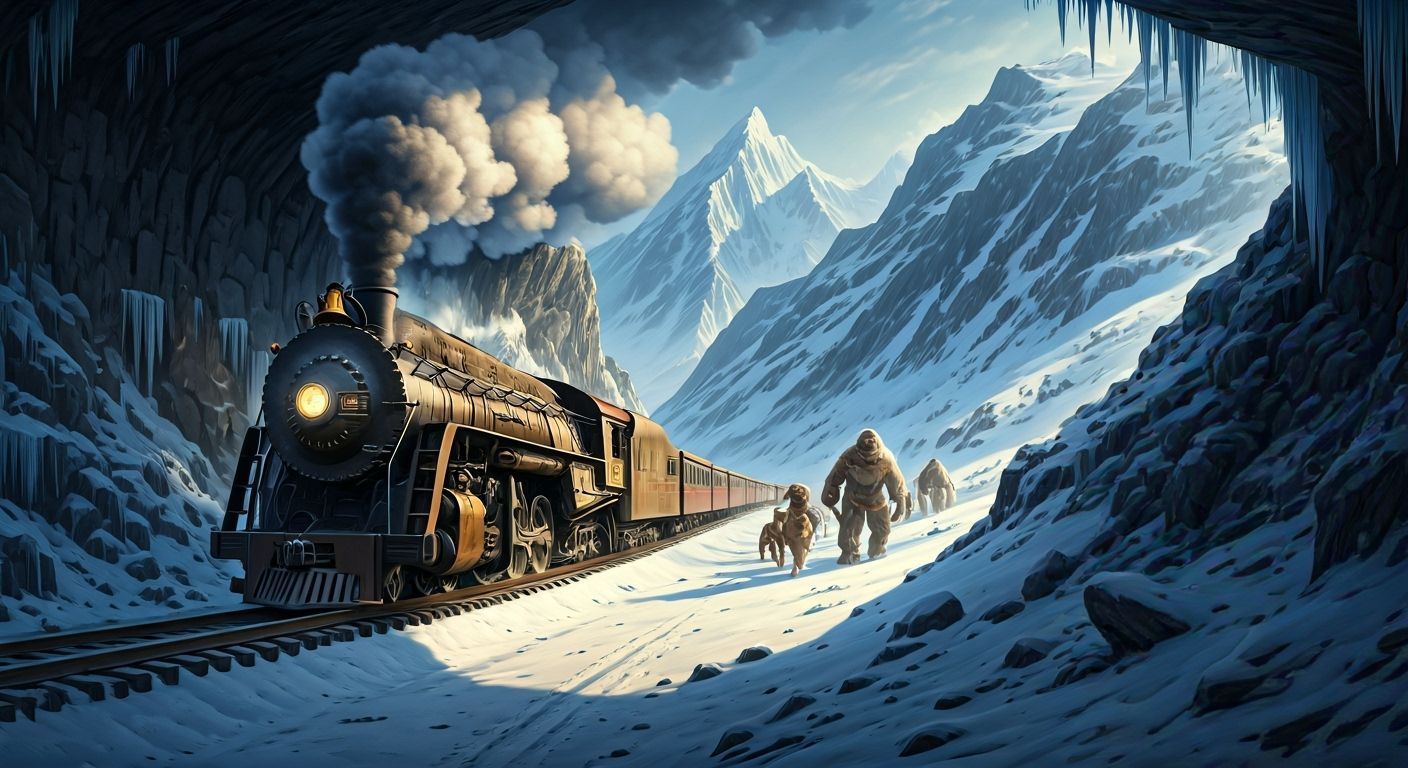 Landscape view of a steampunk train crossing through a snowy...