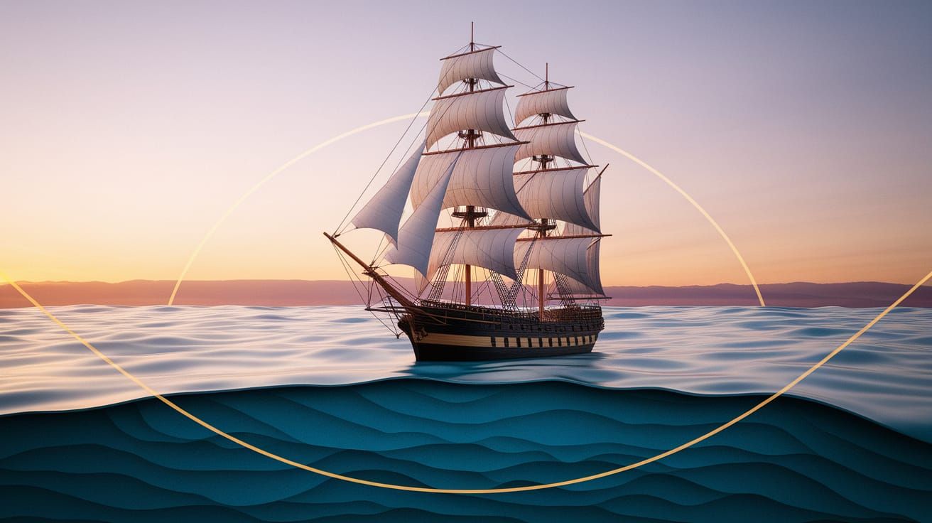 Sailing Ship Embarks on Golden Horizon