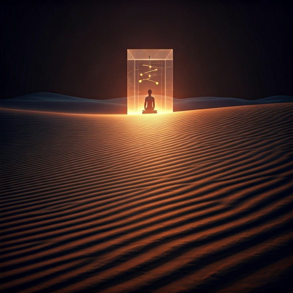 Eternal Desert with Celestial Motifs and Levitating Monolith