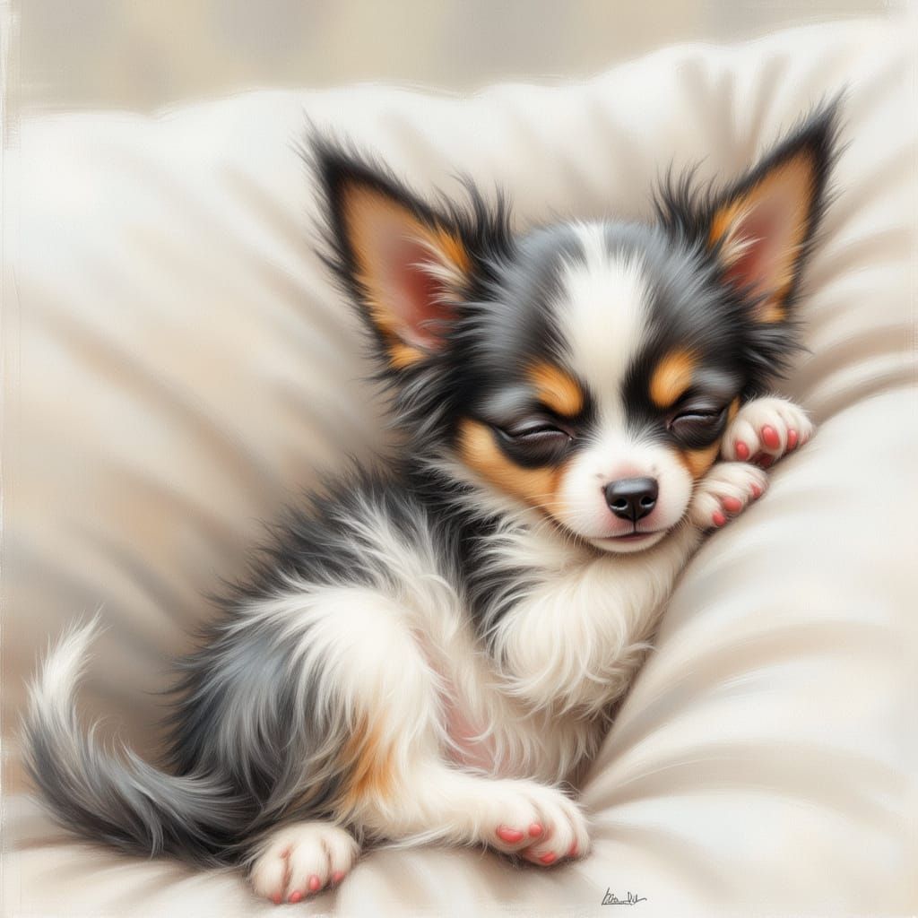 Sleeping Chihuahua Puppy Against White Cushion