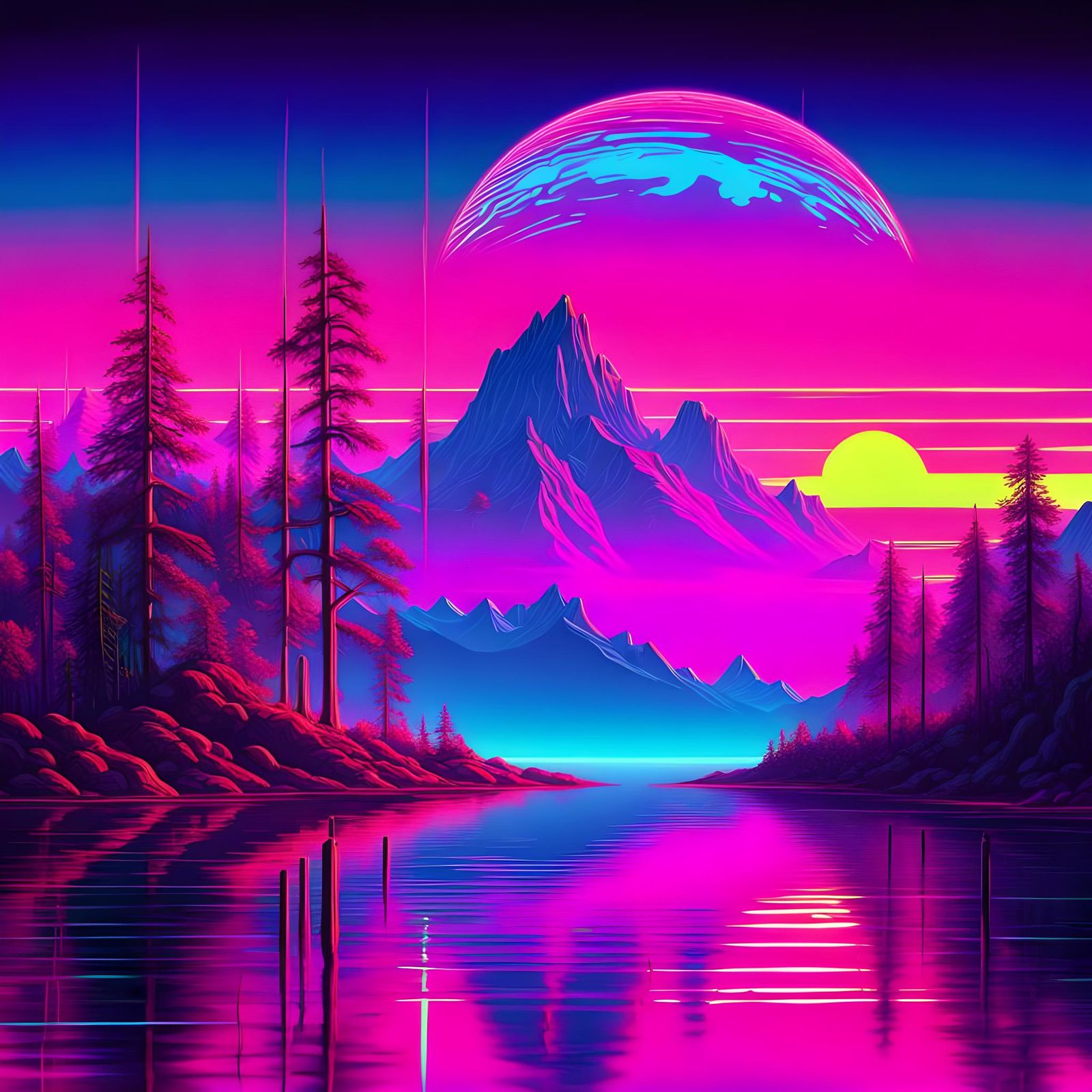 Surreal Neon Planetscape with Synthwave Retro Style