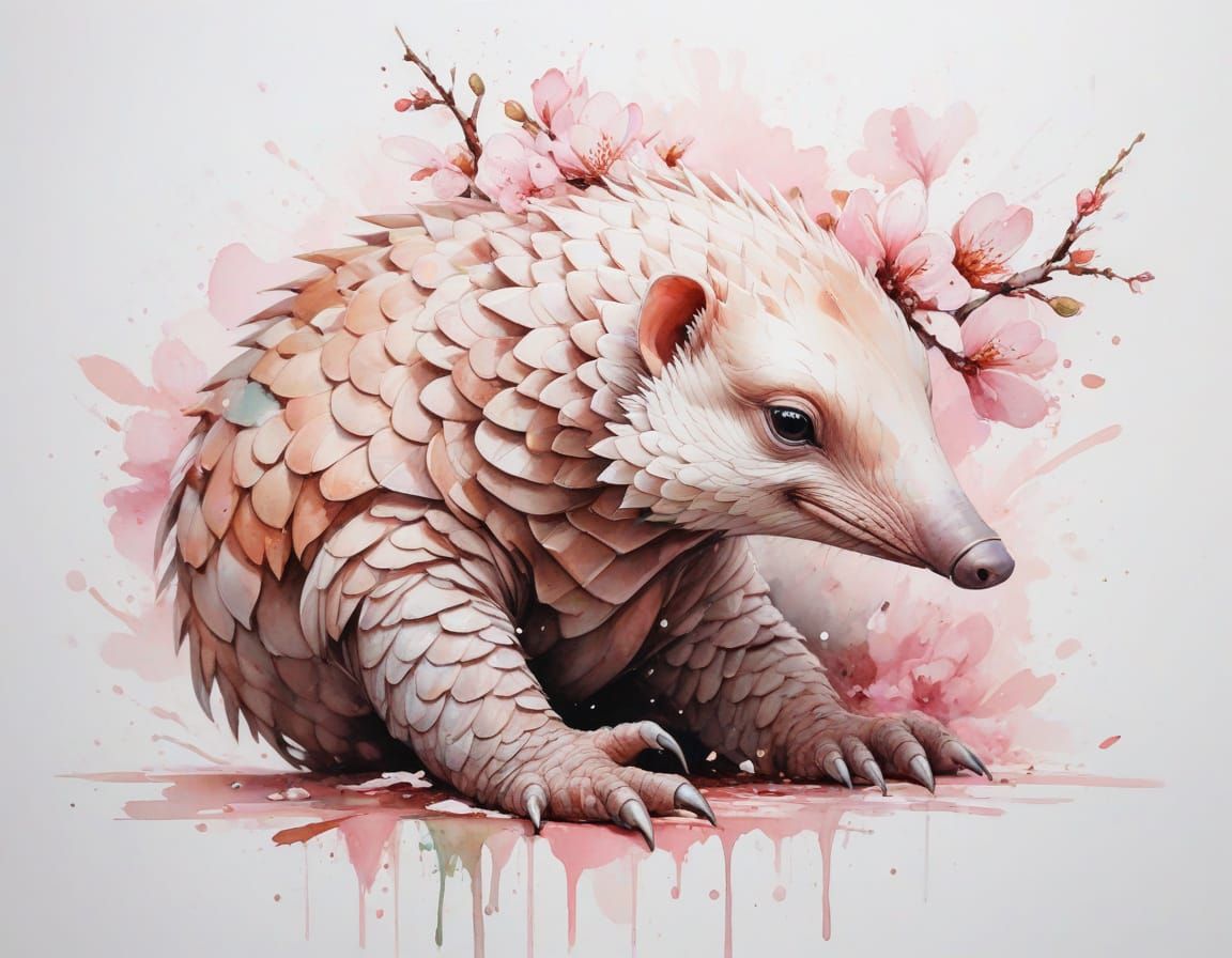 Pangolin Beside Cherry Blossom Tree in Watercolour Style