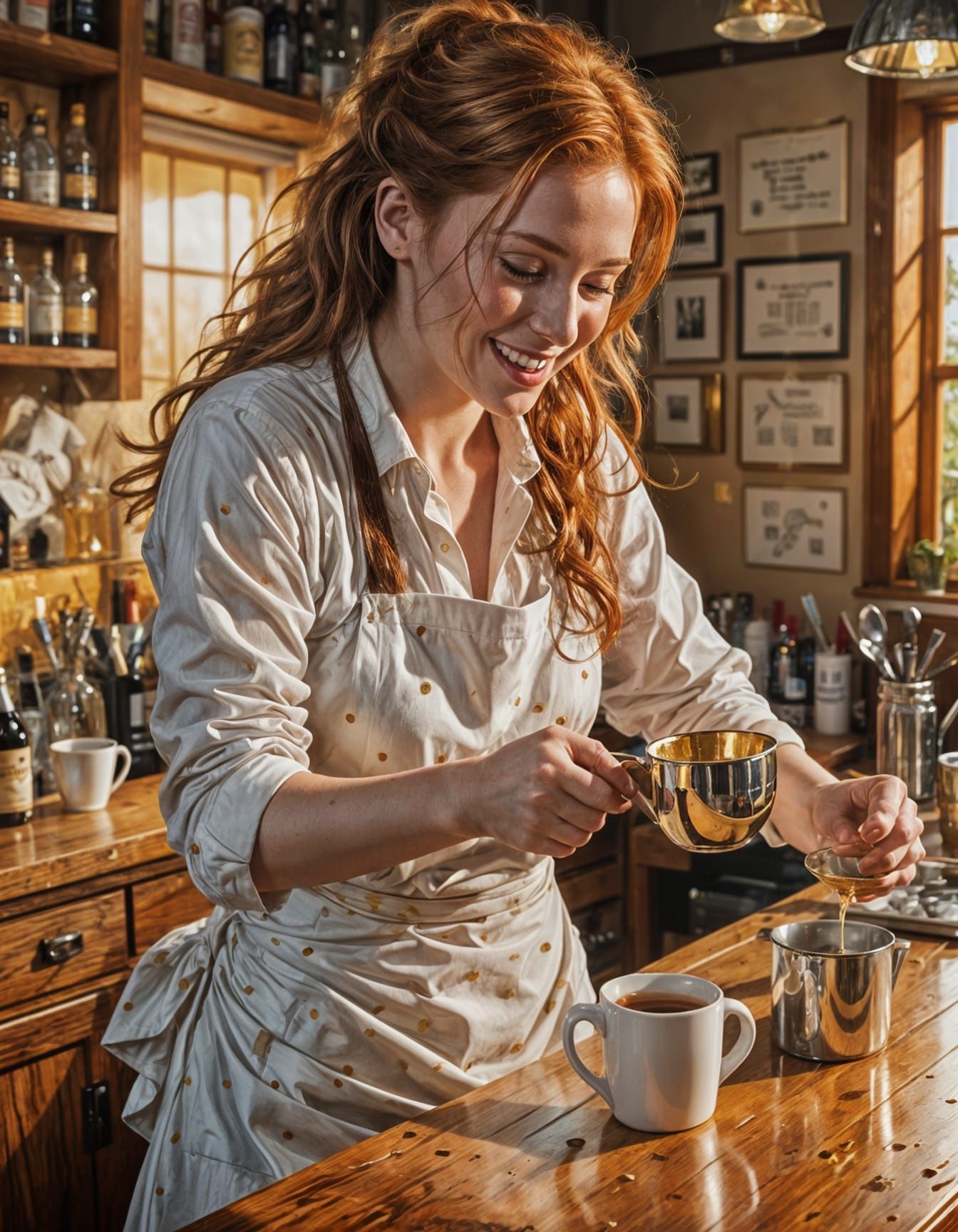 Sultry Redheaded Barmaid Basks in Warm Golden Light