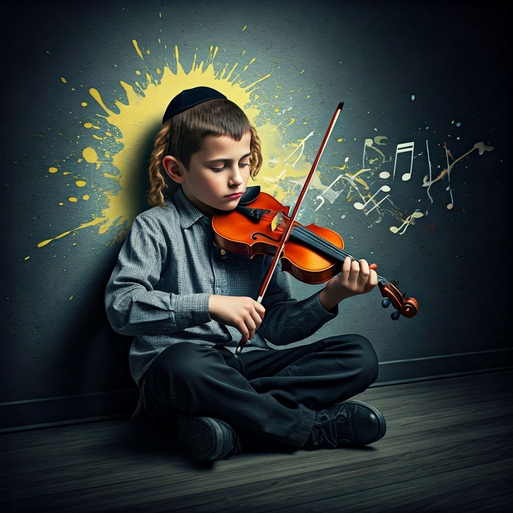Hasidic Boy Plays Violin Amidst Graffiti Art
