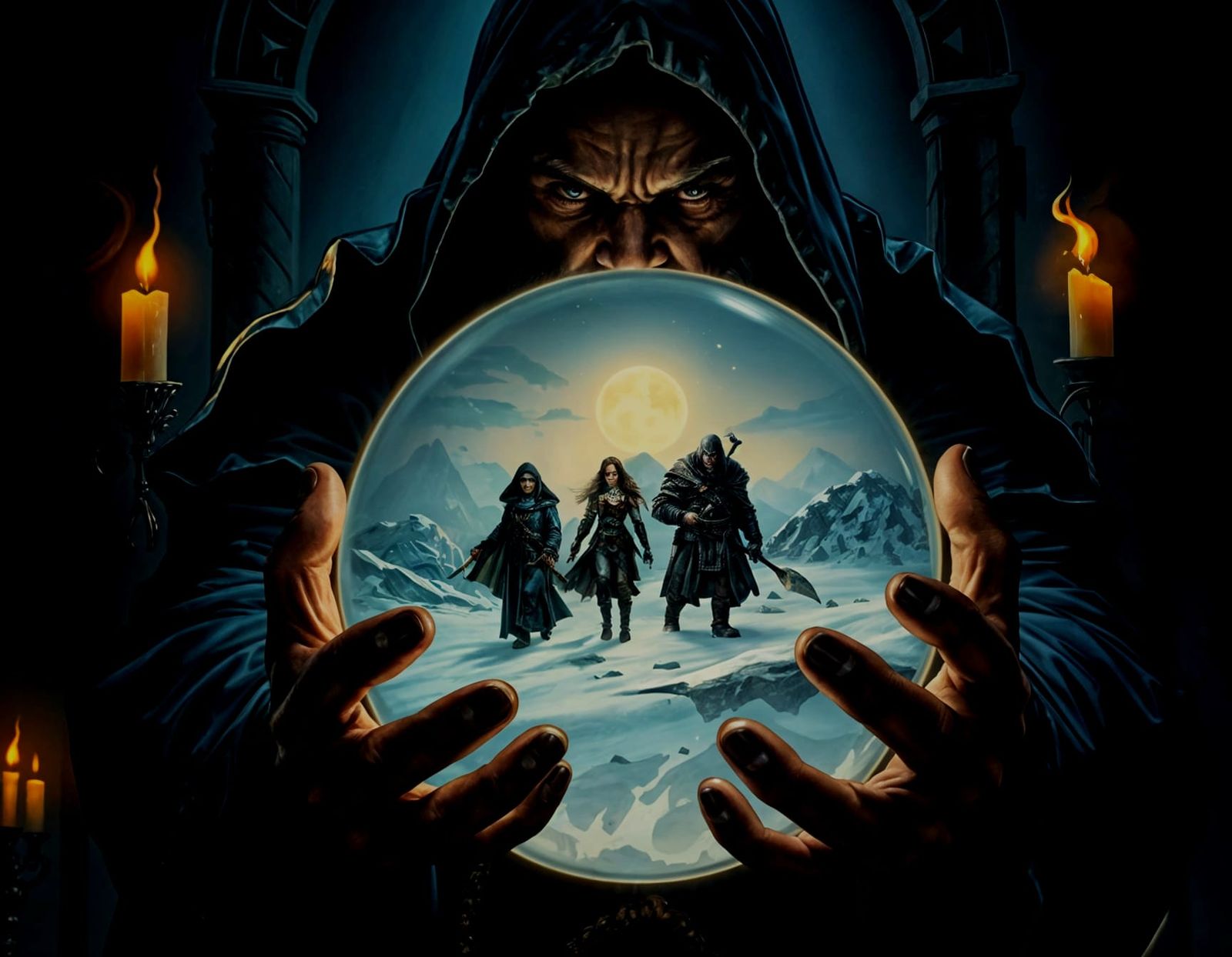 Dark Wizard Scrying Adventurers in Crystal Ball