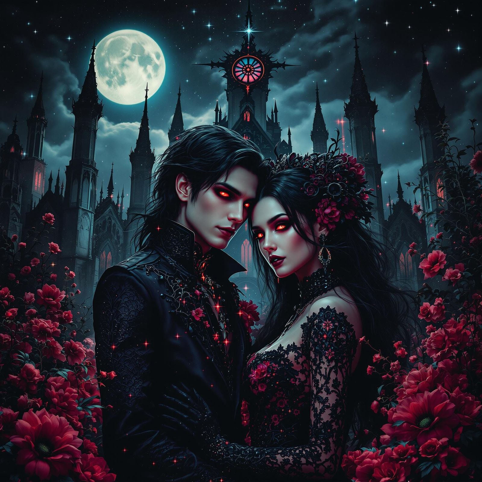 Gothic Couple Amidst Eerie Moonlit Cathedral
