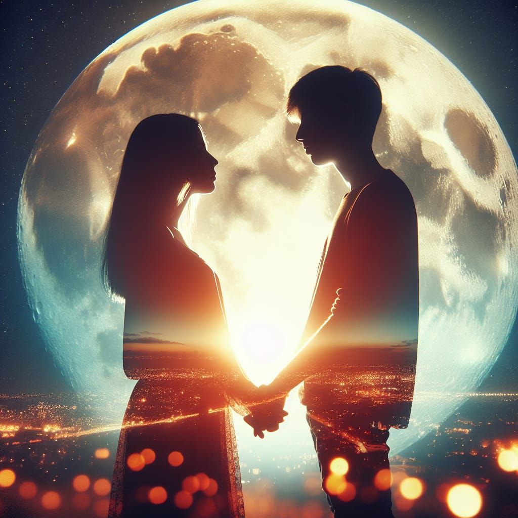 Romantic Couple Silhouetted Under a Full Moon