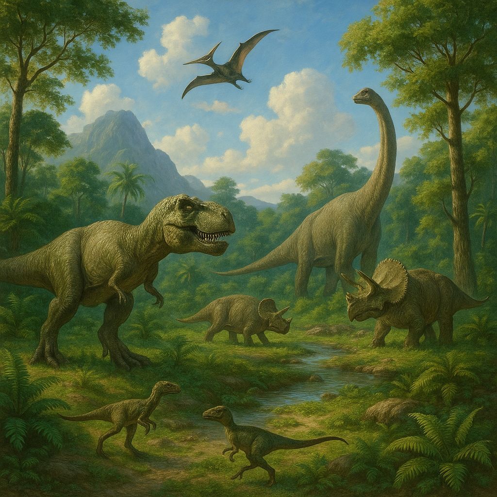 Jurassic Dinosaurs Roaming Freely in Prehistoric Scene