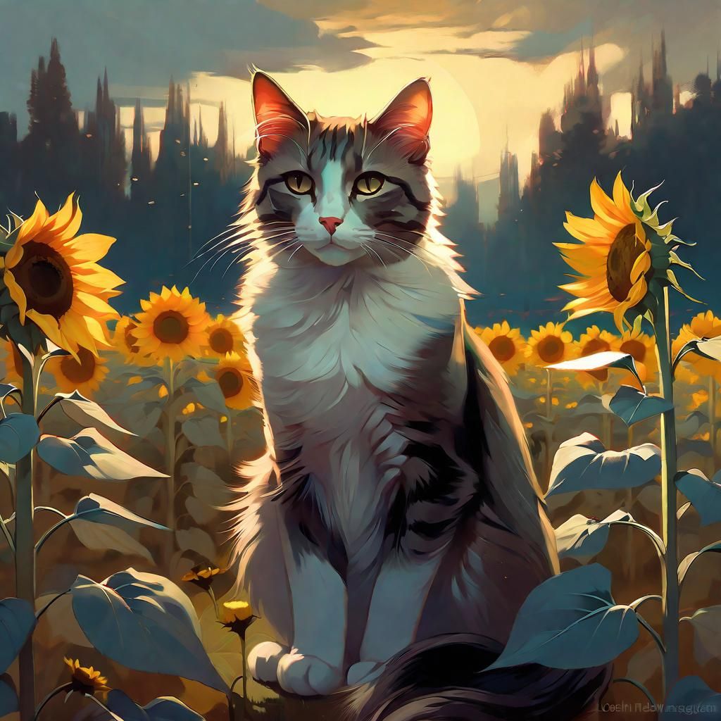 Melancholic Cat in Sunflower Field Art