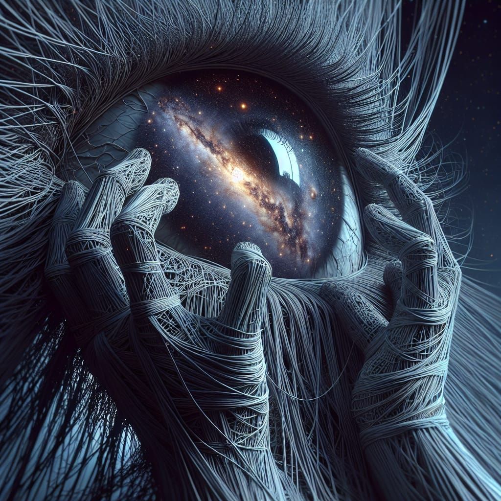 Monochrome String Sculpture of Weeping Eye Reflecting Pleiad...