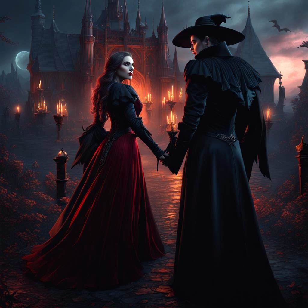 Farewell Between Witch and Vampire in Detailed Matte Paintin...