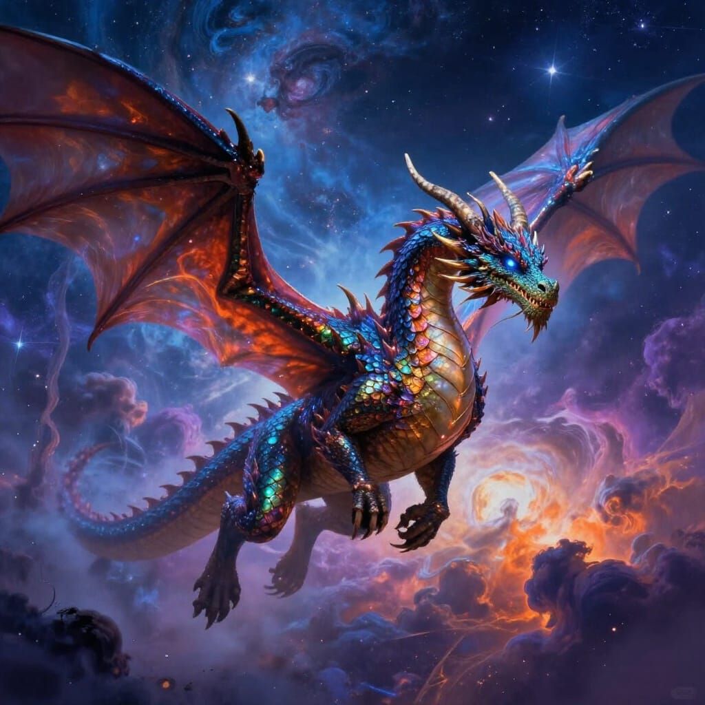 Majestic Dragon Soars Through Cosmic Nebula Fantasy Art
