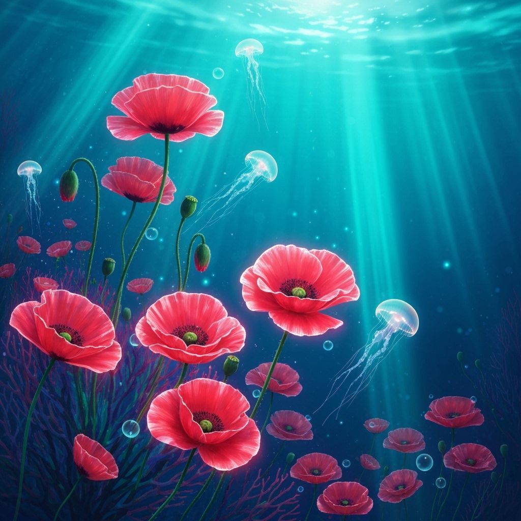 Scarlet Poppies in Glowing Abyss with Ethereal Jellyfish