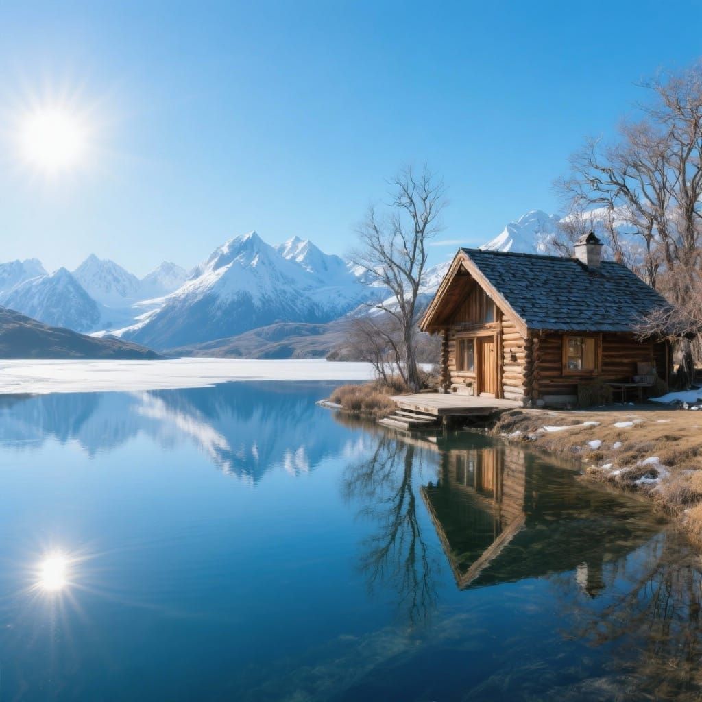 Alpine Chalet Reflected in Glacial Lake, Patagonia