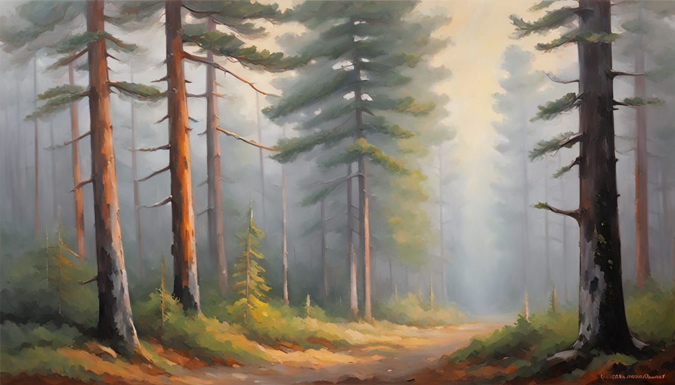 Impressionist Foggy Pine Forest in Muted Tones