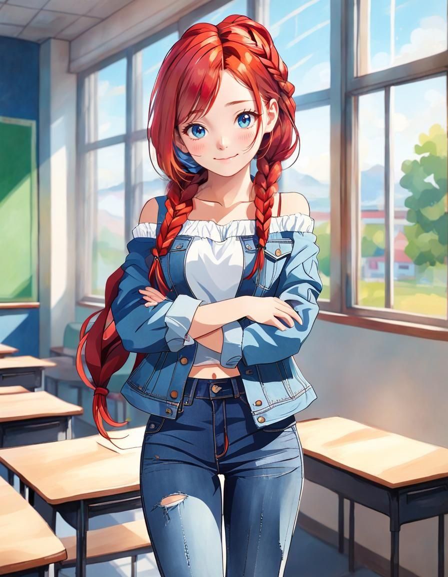 Red-Haired Girl in Denim Jacket in Classroom