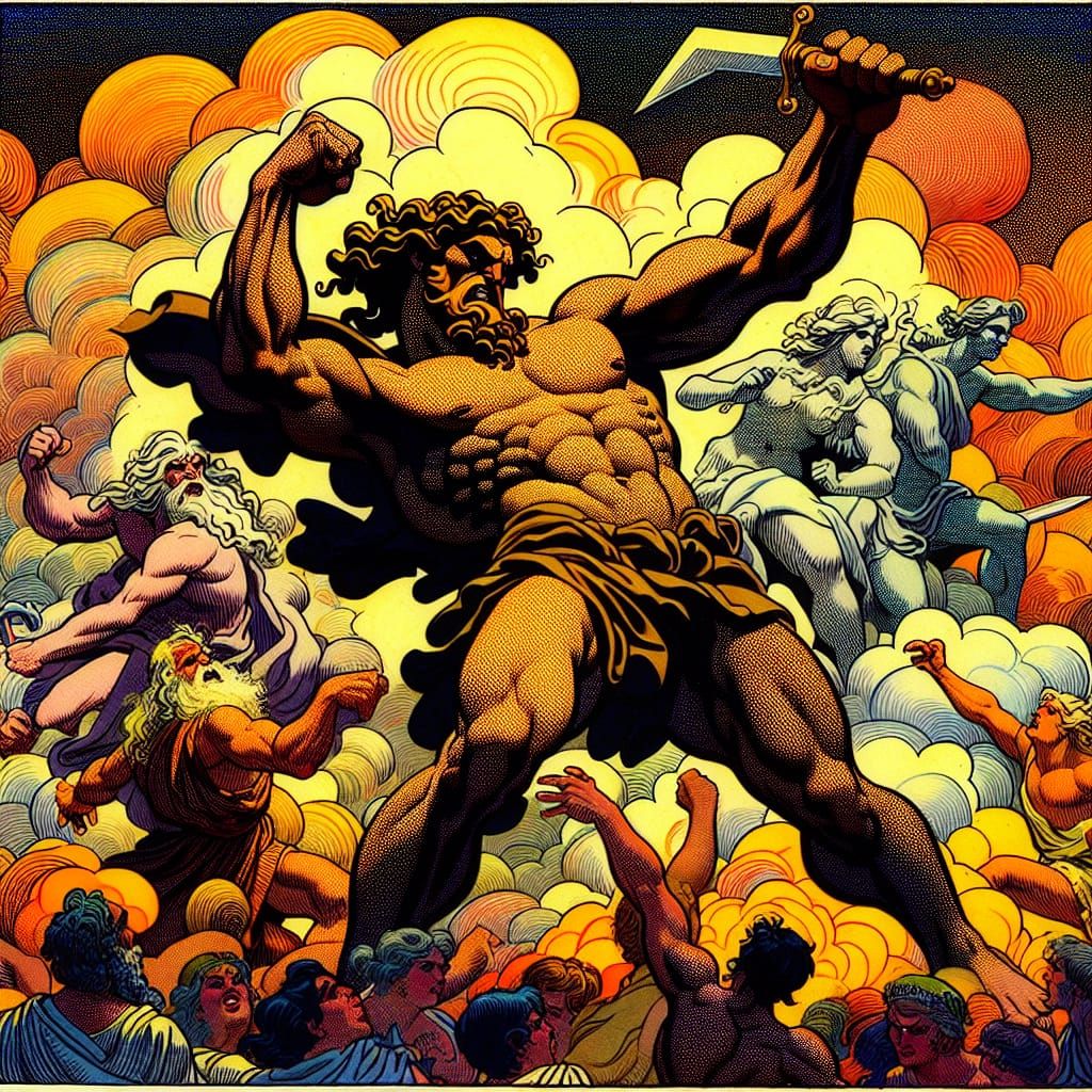 Hercules Battles Gods in Satirical Cloudscape