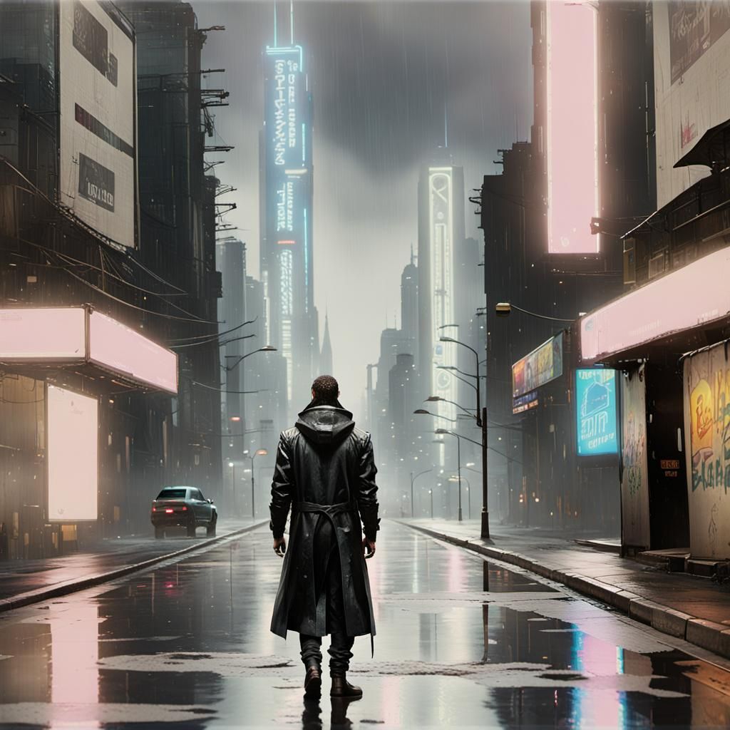 Cyberpunk Hacker in Rainy Neon Alleyway