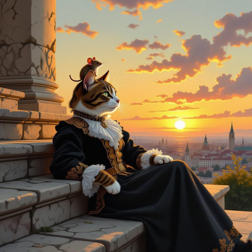 Majestic Cat and Mouse in Warm Sunset, Painterly Style