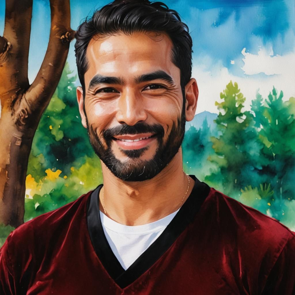 Smiling Man in Velvet: Alcohol Ink Digital Portrait