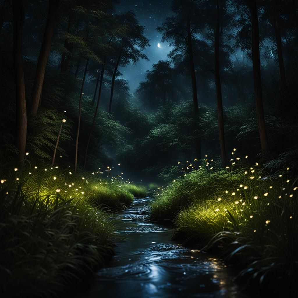 Fireflies Illuminate a Dark Wooded Stream