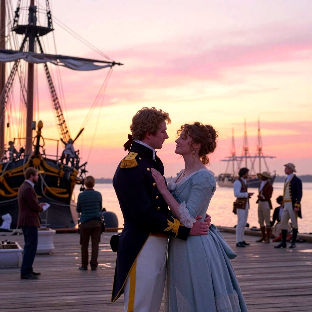 Romantic 1805 Naval Lieutenant Embraces Woman at Sunset