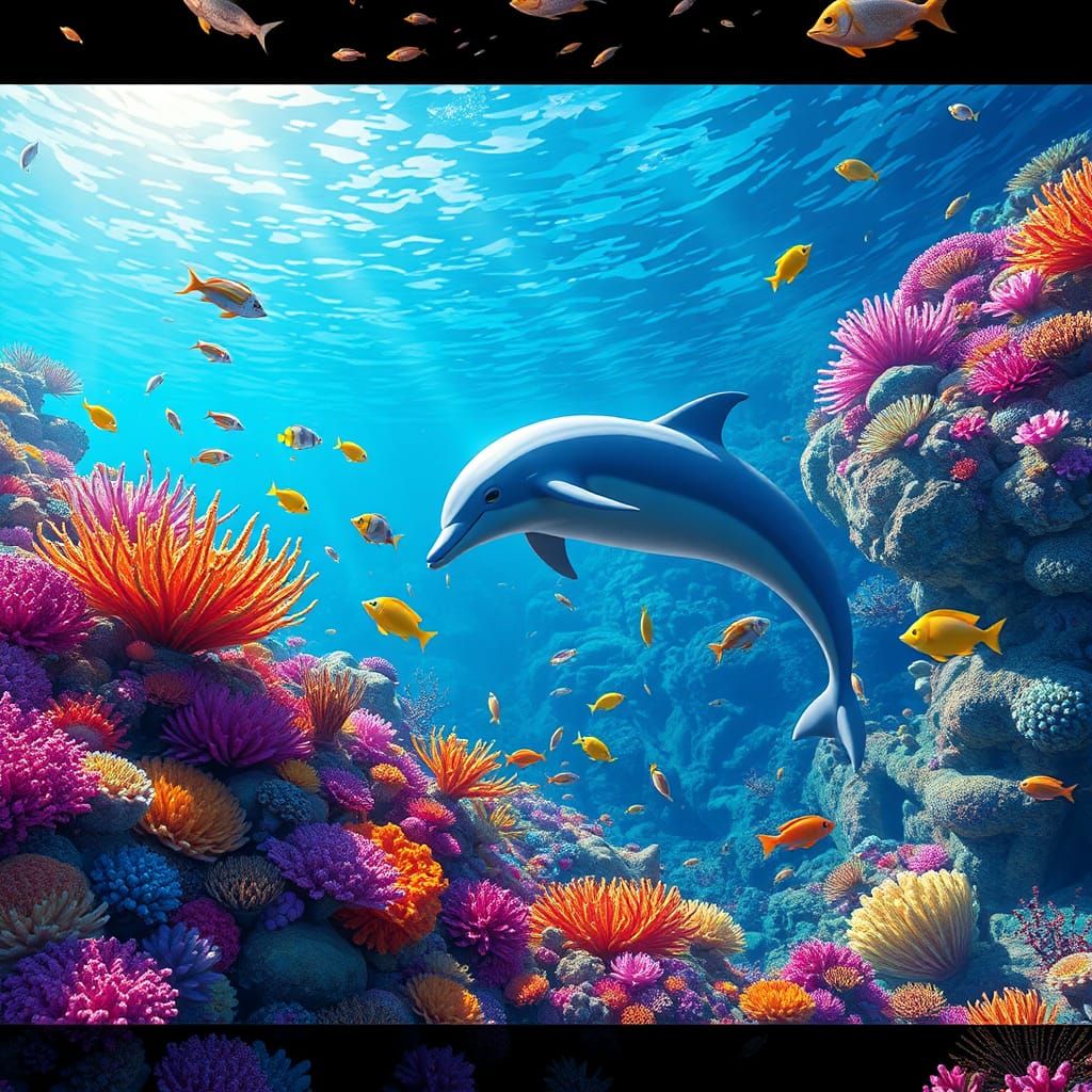 Underwater Coral Reef with Dolphin in Anime Style