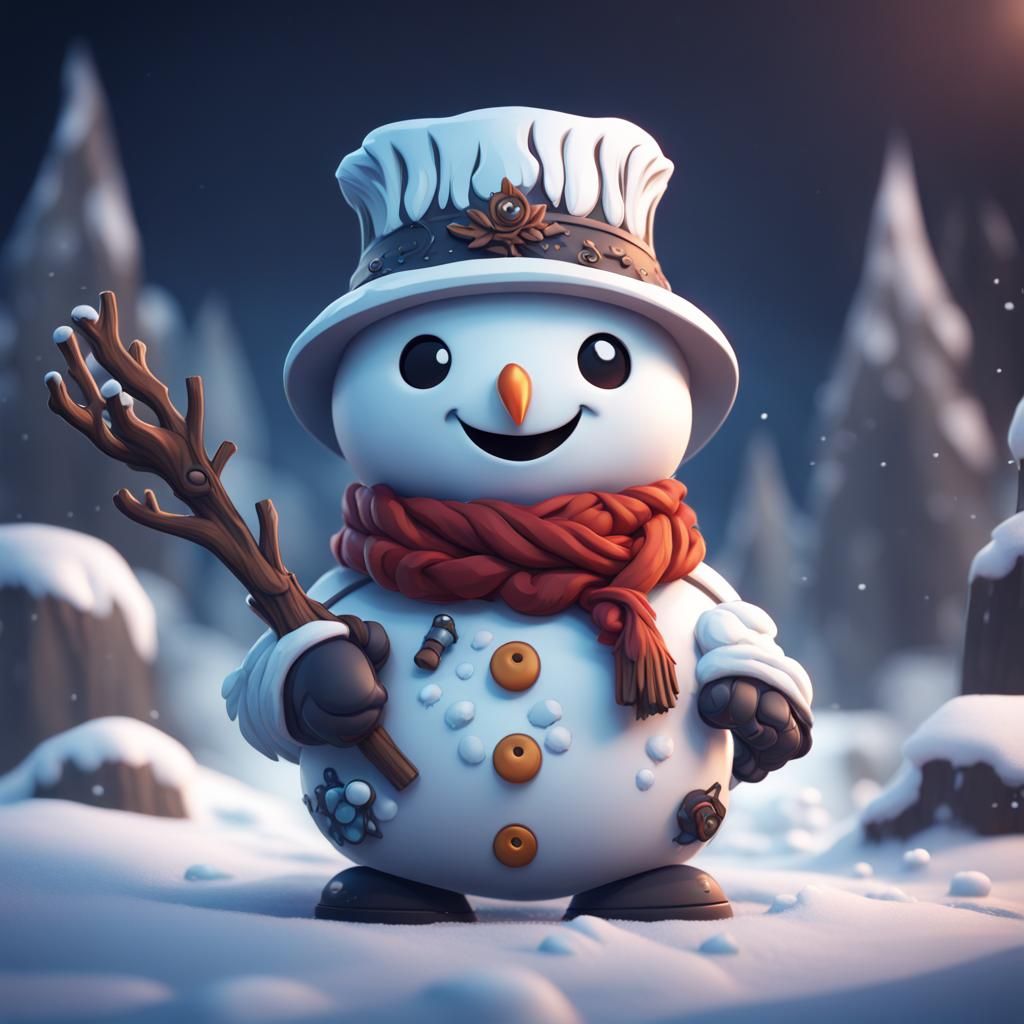Detailed Chibi Snowman in Fantasy Landscape