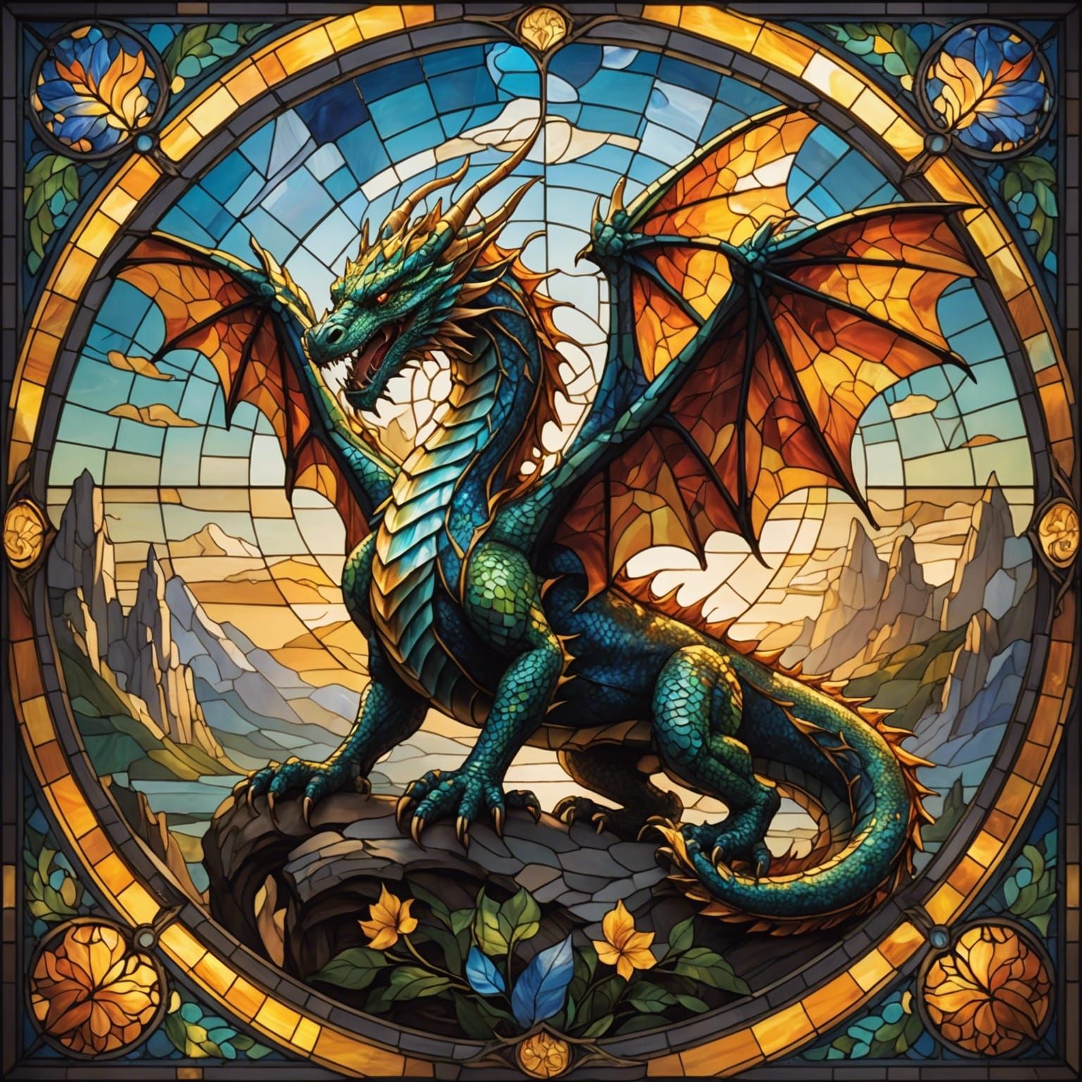 Stained Glass Dragon Inlaid with Four Seasons