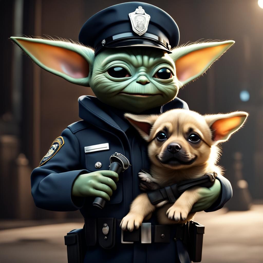 Baby Yoda as Policeman with Puppy