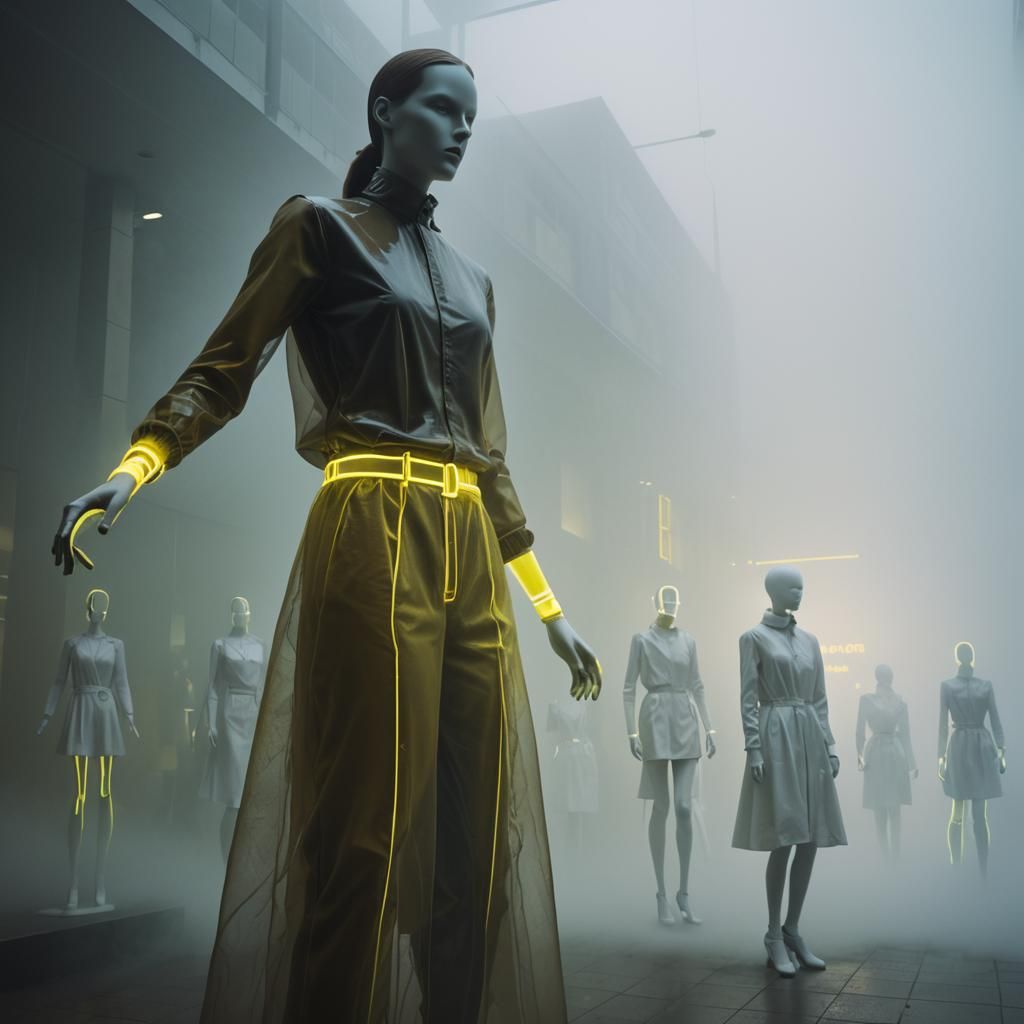 Neon Mannequins in Fog and Mist