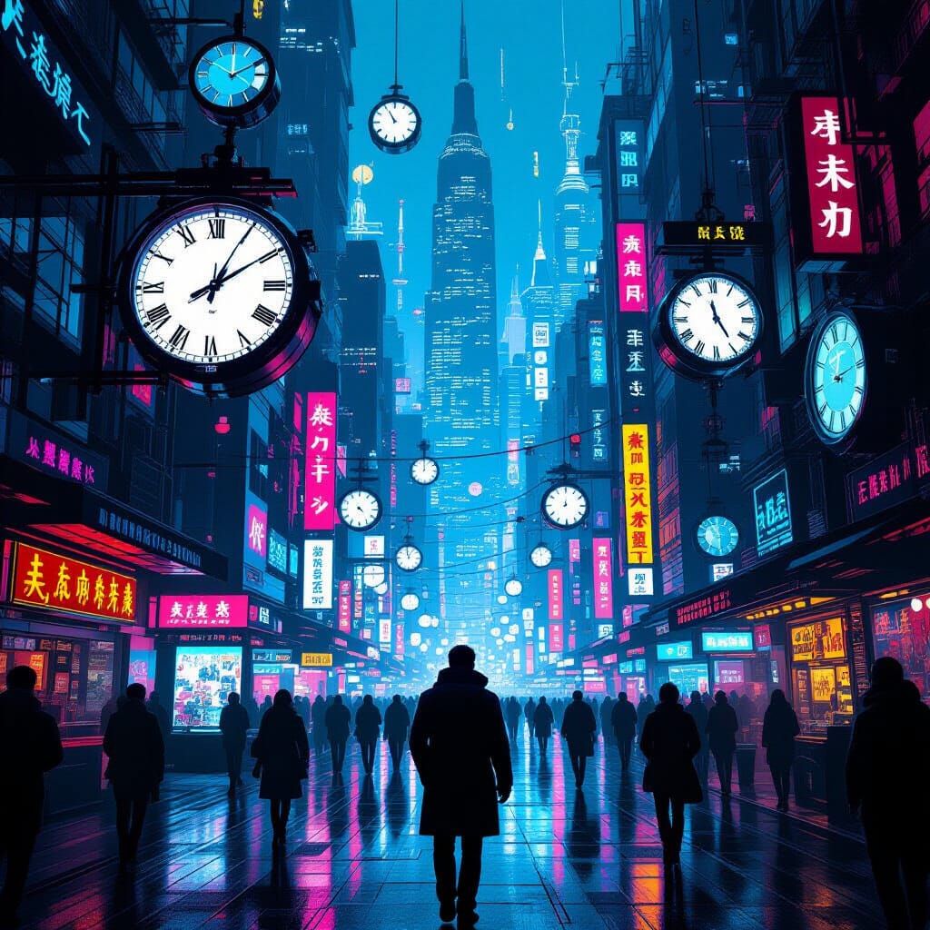 Man Lost in a Futuristic Cyberpunk City of Clocks
