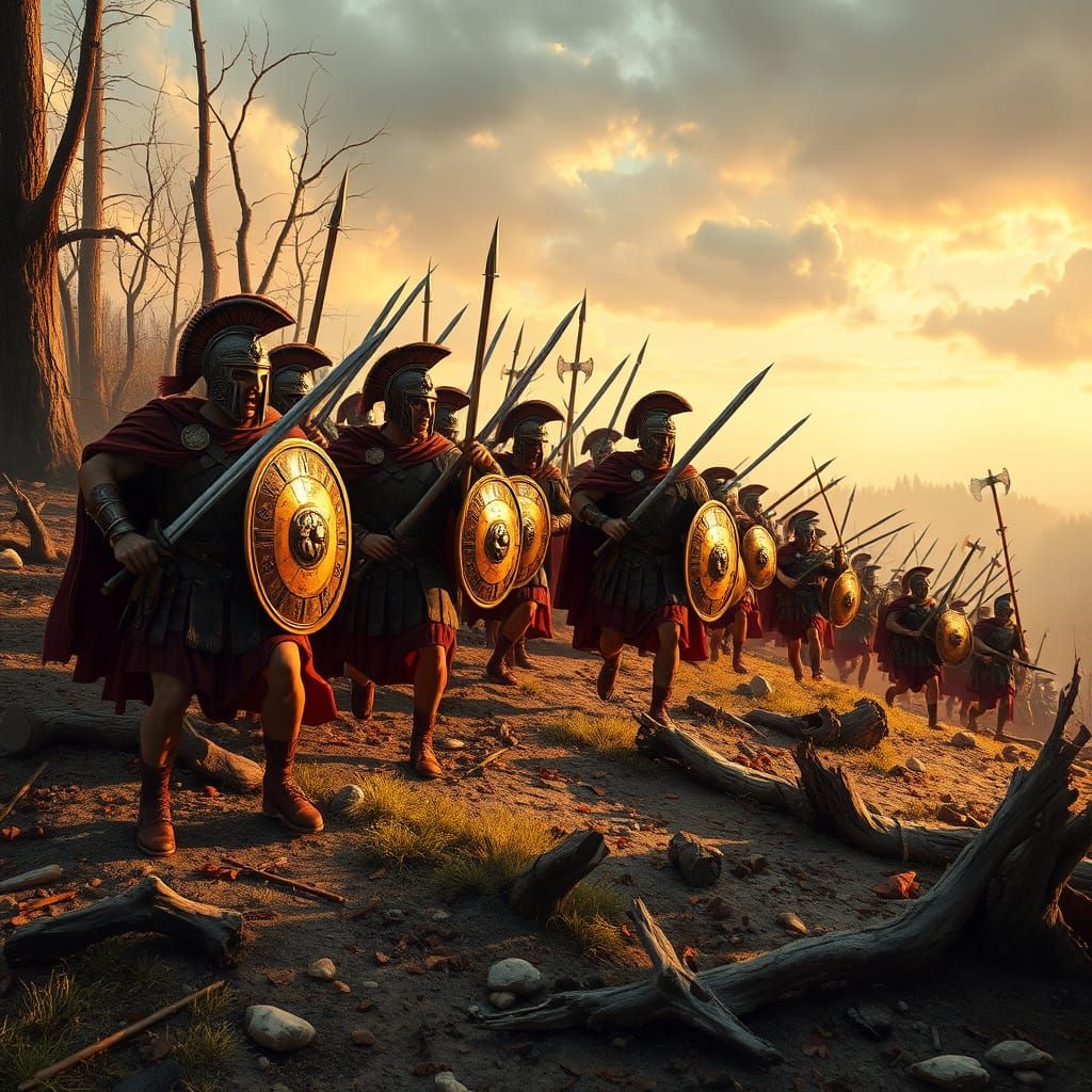 Roman Legionaries Clash with Barbarians at Daybreak