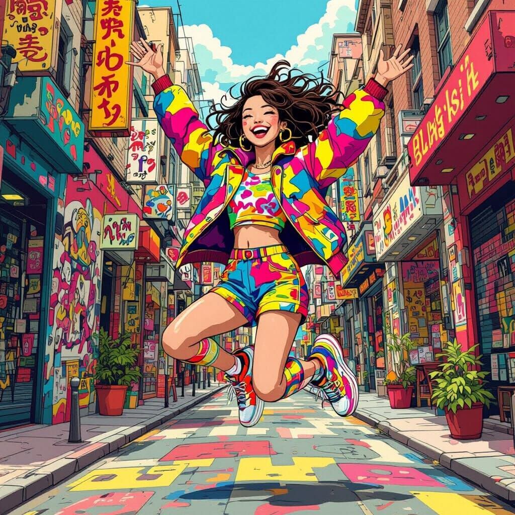 Joyful Woman Jumps in Vibrant Street Art City