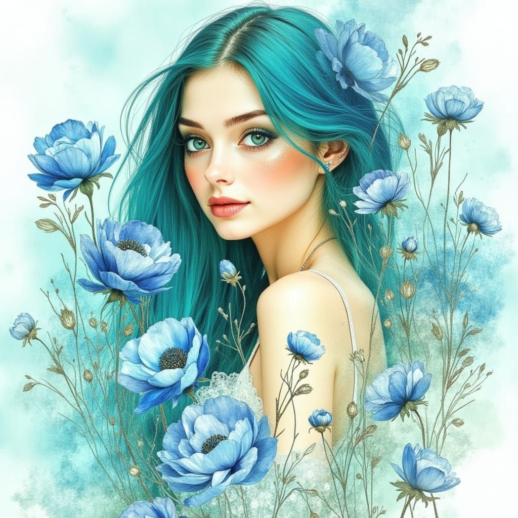 Beautiful Woman in Spring Flowers, Realistic Sketch Style