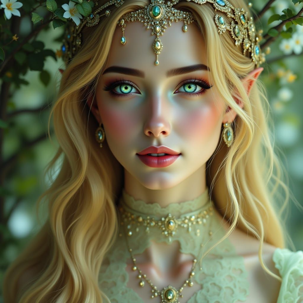 Elf Woman Portrait with Gold Hair and Green Dress