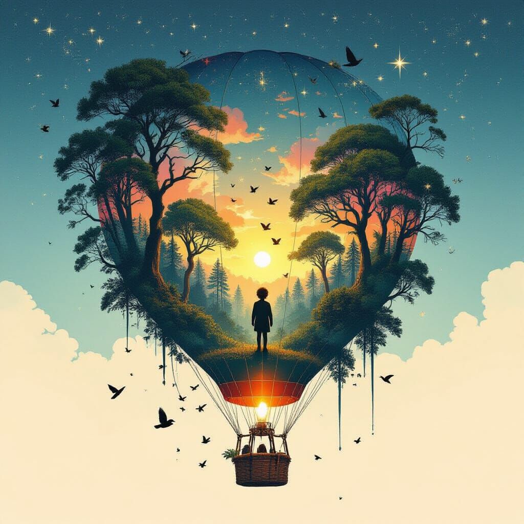 Surreal Hot Air Balloon Descent: Double Exposure