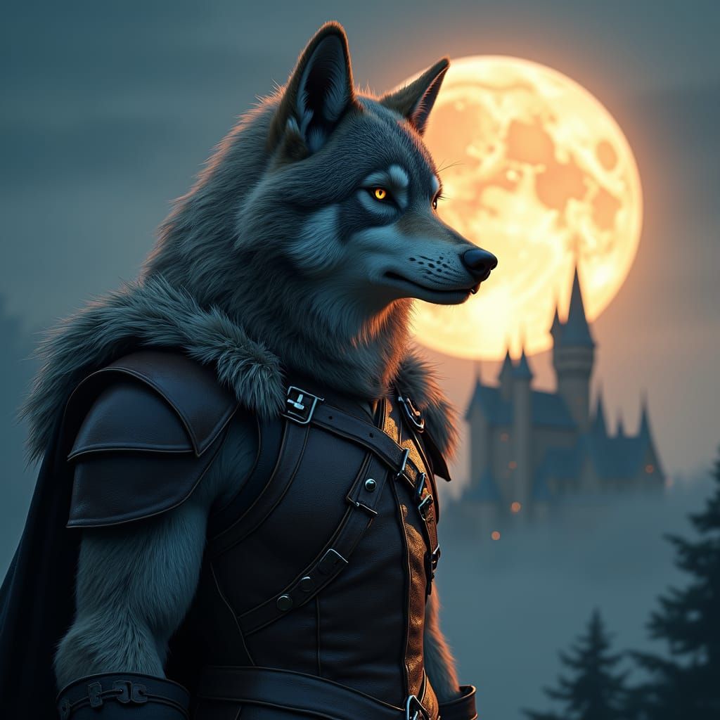 Cuddly Armored Werewolf with Castle Under Moonlight