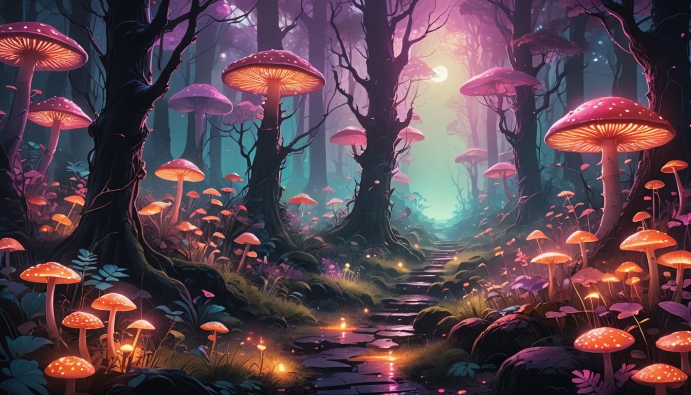 Mystical Forest Path in Synthwave Neon Style