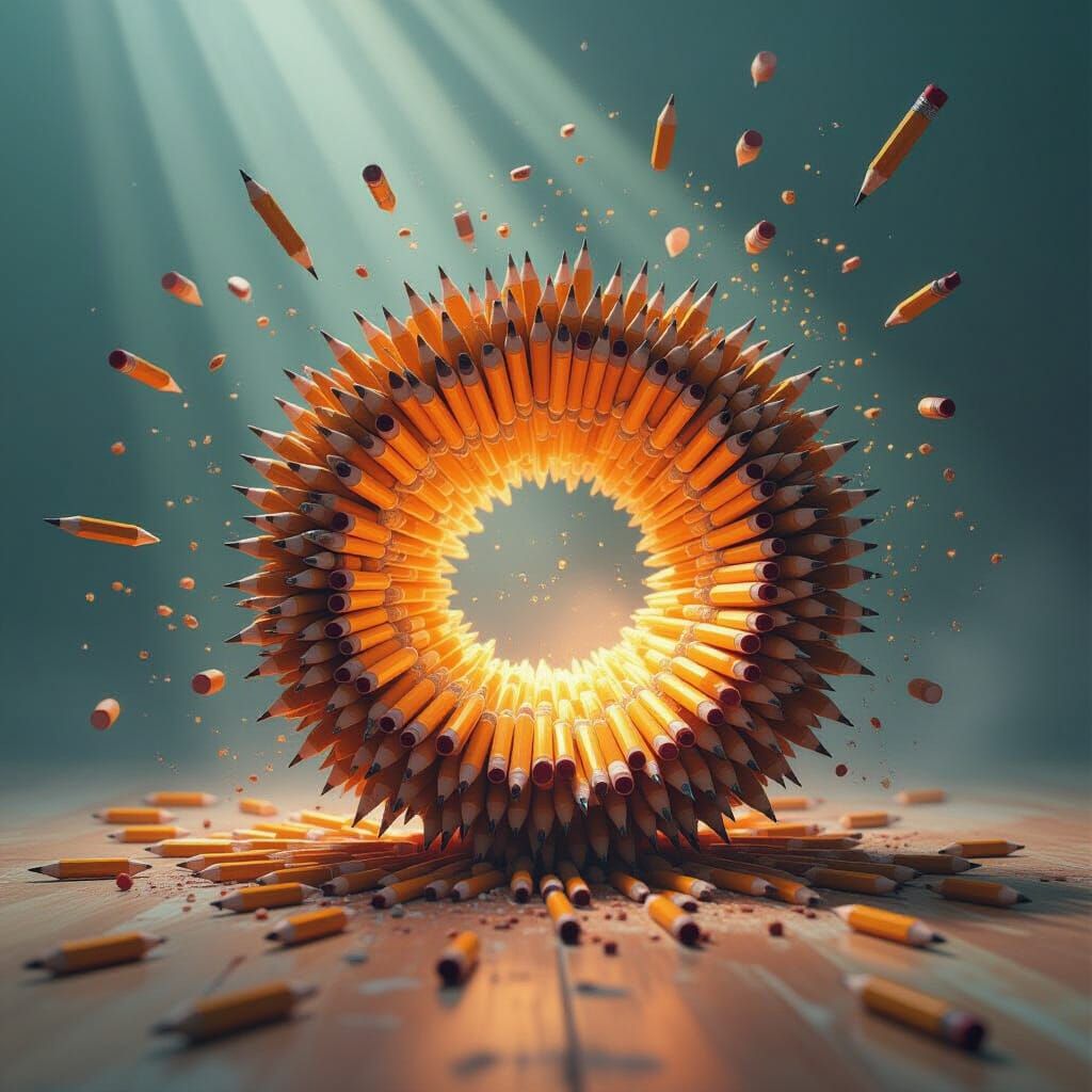 Surreal Pencil Shatters into Vortex of Miniature Pencils
